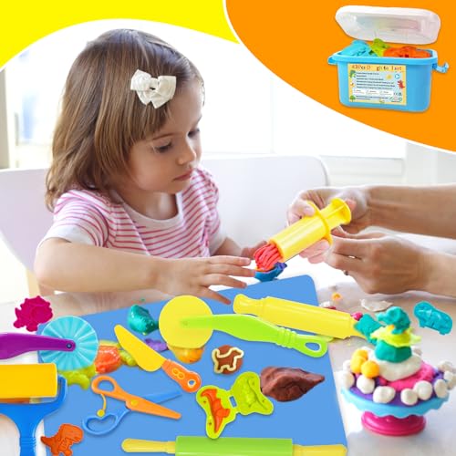 LCY WEDSHI Dough Play Tool Set, 43 Pcs Dough Tools Sets for Kids Ages 4-8 with Storage Container, Dough Accessories Includes 3D Dinosaur Molds, Animal Molds, Cutters Roller, Rolling Pins