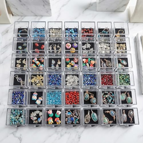 NOLITOY 60 pcs Clear Cube Display Boxes for Mineral Specimens – 35×35×35 mm Transparent Display Cases with Black Base – Collector’s Bulk Set for Rock Crystal Gemstone Storage