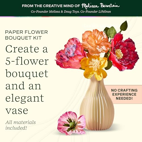 Lifelines FlowCrafts, Paper Flower Bouquet - Create a 5-Flower Bouquet with 80+ Petals, 2 Leafy Sprigs & Elegant Vase - Sensory Arts & Crafts Kit for Teens & Adults - Paper Decorations - style: Paper Flower Bouquet