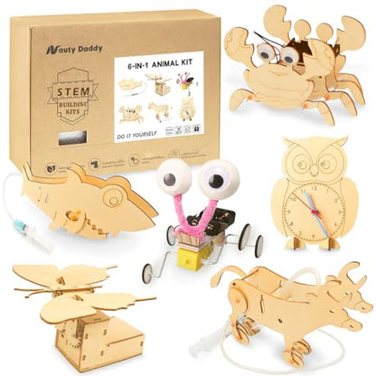 STEM Building Kit, 6-in-1 DIY Animal Construction Set with Hydraulic Shark, Clock Owl, Moving Cattle, Wooden Educational Science Toy for Ages 6+ (2)