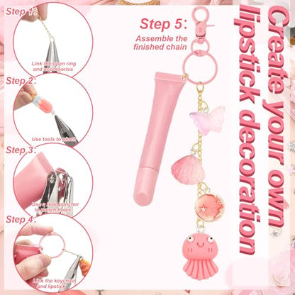 VioraWhite 213 Pcs Keychain Making Kit Bag Charm Kit Cute Lip Gloss Keychain 100 Pink Enamel Charms 32.81 ft Gold Chains for DIY Crafts Women - style: Cute