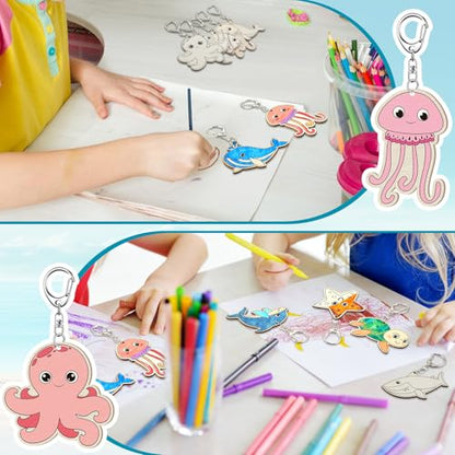 Trnayi 36 Pcs Sea Life Unfinished Wood Keychain Color Your Own DIY Craft - style: Sea Life
