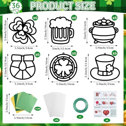 Qyeahkj 36 Set St. Patrick's Day Suncatchers Crafts for DIY Shamrock Window Tissue Paper Craft Kit Hanging Decor for St. Patrick's Day Home Activity Art Project Birthday Party Favor - style: Lucky Shamrock