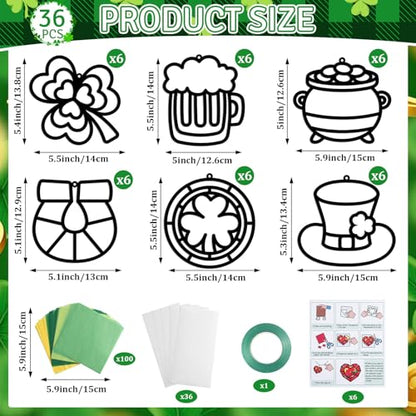 Qyeahkj 36 Set St. Patrick's Day Suncatchers Crafts for DIY Shamrock Window Tissue Paper Craft Kit Hanging Decor for St. Patrick's Day Home Activity Art Project Birthday Party Favor - style: Lucky Shamrock