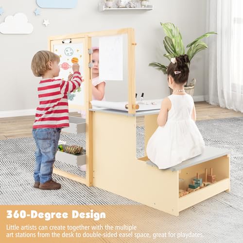 HONEY JOY Kids Art Easel, 6-in-1 Wooden Double-Sided Toddler Table & Chair Set w/Adjustable Magnetic White Board & Chalkboard, Paper Roll, Bookshelf, Storage, Kids Art Table and Chair (Gray) - style: Gray