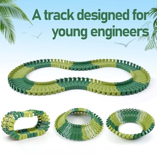 GIAT 96 Pcs Dinosaur Car Track Expansion Kit – Birthday Gift for Boys & Kids Ages 3 4 5 6 7, Compatible with Most Dino Flexible Tracks, Add-On Accessory Toy for Building Dinosaur Raceway - color: Green Dinosaur Tracks