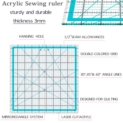 VPVPV 4 Piece Quilting Ruler,Acrylic Square Ruler,Quilting Templates,with Non Slip Rings 25 Pieces（4.5“X4.5”、6“X6”、9.5“X9.5”、12.5“X12.5”） - color: Blue-4