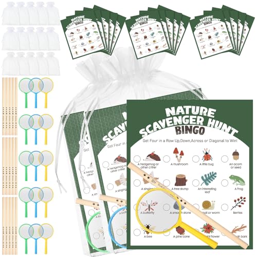 HyDren 45 Pcs 15 Set Nature Scavenger Hunt Game Kits, 15 Hunting Cards, 15 Magnifying Glass, 15 Pencils, 15 Organza Bags Family Camping Games Play for Nature Exploration Outdoor Activities Party Favor