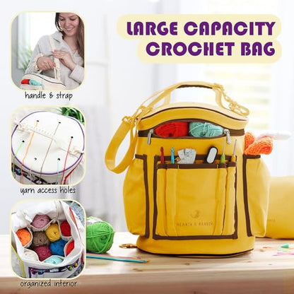 Crochet Kit for Beginners Adults and Kids - Beginner Crochet Kit for Adults with Step-by-Step Video Tutorials, Amigurumi and Crocheting Kit, Crochet Starter Kit with Soft Crochet Yarn and Crochet Bag - color: Mustard, style: Crochet Kit + Bag