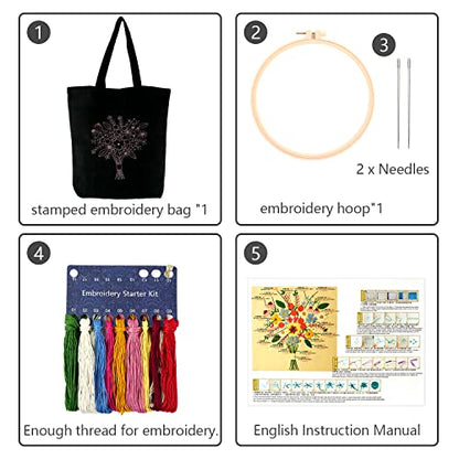 MAMUNU Canvas Tote Bag Embroidery Kit with Pattern for Beginners, Arts and DIY Crafts Kits for Adults, Include Instructions Embroidery Bag, Embroidery Hoops, Color Threads and Tool (Black) - color: Black