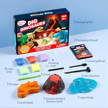 JOVA Klever Kits 3-in-1 Dinosaur Fossil Digging Kit STEM Learning Toys with Glow in The Dark Dinosaurs and Sensory Play Sand, DIY Your Own Dinosaur with 5 Color Clay, Gift for Kids Aged 6+