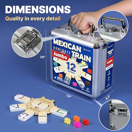 Queensell Mexican Train Dominoes Set with Jumbo Tiles – Double 12 Dominoes Set for Adults, 91 Tiles with Colorful Dots, Wooden Hub, Train & Aluminum Case - size: D12 Jumbo