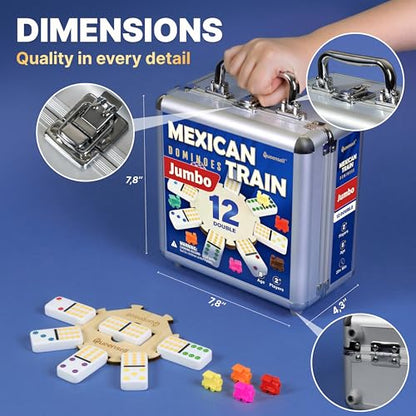 Queensell Mexican Train Dominoes Set with Jumbo Tiles – Double 12 Dominoes Set for Adults, 91 Tiles with Colorful Dots, Wooden Hub, Train & Aluminum Case - size: D12 Jumbo
