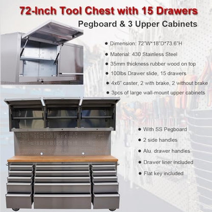 72-Inch Stainless Steel Rolling Tool Chest with 15 Drawers + 3 Upper Cabinets, Mobile Workbench, Assembled Large Tool Box Lockable Storage Cabinet with Wheels for Garage Workshop - size: 72'' + 3 Upper Cabinets - Stainless Steel