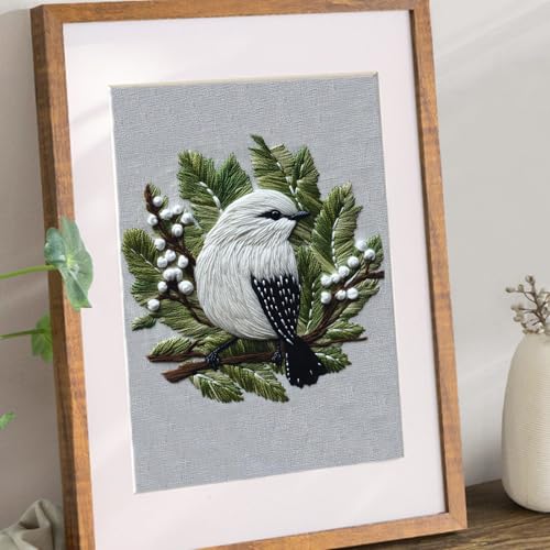 FONNUY Wild Birds Embroidery Kit, Pre-Stamped Green Tree Bird Patterns Kits for Adults and Beginners, Handmade DIY Crafts Set, Color Thread Needlework, 8'' Hoop (Snow Feather on Pine) - color: Snow Feather on Pine