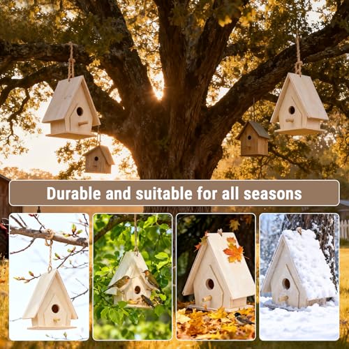 Unfinished Wooden Bird House Set Hanging DIY Paintable Decor 4 Pcs