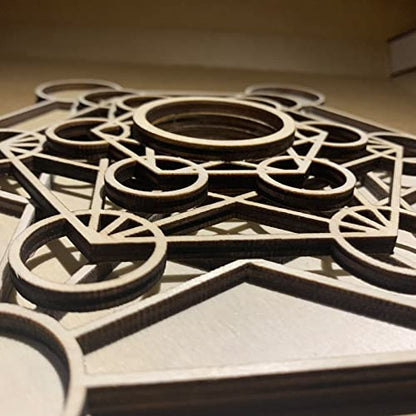 Metatron Crystal Grid Wooden Art 3D Metatron's Healing Energy with 7 Pieces Rough Seven Chakras Crystal Stone Set Sacred Geometry Energy Crystal Grid Kit for Meditation Chakra Balancing 9.4''x1.5''