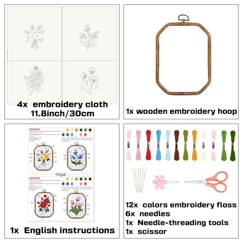ORIGACH 4 Set DIY Flower Embroidery Kit for Beginners Adults