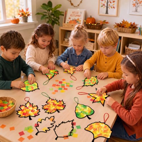 48PCS Fall Crafts Bulk: Leaves Paper Suncatchers DIY Kit for Autumn Thanksgiving Activities Decorations, Window Stained Glass Effect Art Supplies(Black,Style 2) - style: fall leaves black frame