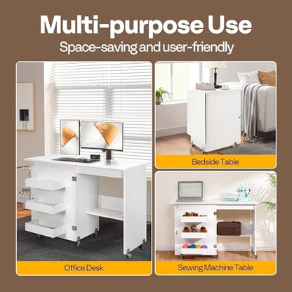 VIVOHOME Folding Sewing Table for Sewing Machine, Sewing Desk with Storage - color: White