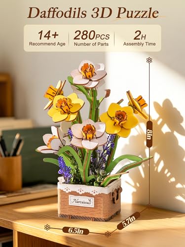 Rolife 3D Flower Wooden Puzzles-Daffodils Narcissus, DIY Flowers Model Kit Building Set Crafts for Adults, Botanical Collection Ideal Creative Birthday Gift, Artificial Flowerpot for Decor and Display