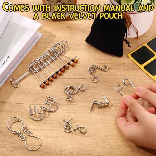 8 Pack Brain Teaser Puzzles Metal Wire Ring with Pouch, E Style - style: E Style
