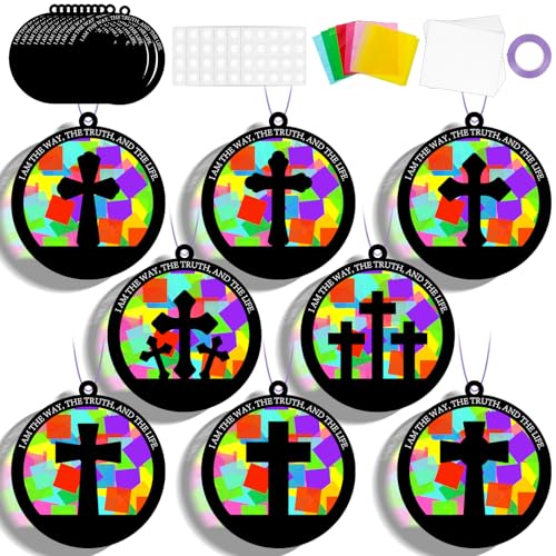 QOUBAI 32 Sets Easter Cross Suncatchers Craft Kit DIY Religious Window Stained Glass Effect Christian VBS Paper Hanging Ornament Kid Sunday School Birthday Gift Creative Art Project Activity Game - style: Circle Cross