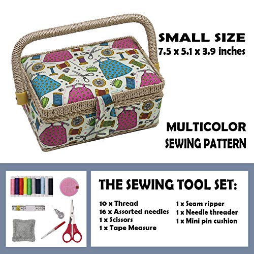 Samll Sewing Basket Organizer with Mini Sewing Kit Accessories for Kids/Girls/Beginners Christmas Birthday Gift