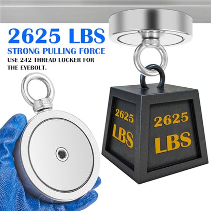 VNDUEEY 2625LBS Magnet Fishing Kit, 4.57" Double Hole Fishing Magnet Kit with Rope, Strong Magnets for Retrieving in River Lake Beach Lawn, Includes 65Ft Rope, Carabiner, Gloves, Grappling Hook, Case - size: 4.57" 2625LBS, style: Double Hole Kit with Case