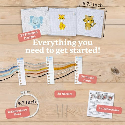 Kraftex Floral Stamped Cross Stitch Kits for Beginners - 3 Pack. DIY Embroidery Needlepoint Patterns for Adults. Easy Cross Stitch Kits for Beginners (Zoo Creatures) - style: Zoo Animals