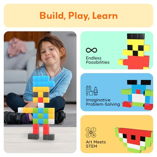 PicassoTiles 60pc Magnetic Puzzle Cube Building Set 1 Inch 3D Blocks STEM Construction Toy for Toddlers Kids Boys Girls Age 3+ Montessori Learning Travel Sensory Gift with Educational Idea Book PMC60 - style: 60 Pieces 1"