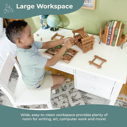 Guidecraft Madison Kids Desk and Chair Set - White: Wooden Table with Storage and Drawers | Children's Workstation, Computer Table and Chair Set for Bedroom Furniture | Study & Activity Desk for Kids - size: Desk and Chair Set