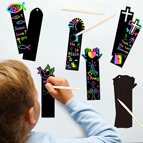 CY2SIDE 60PCS Religious Scratch Bookmarks, DIY Crosses Rainbow Color Paper Cards Craft Kits for Christian Sunday School Church, Easter Magic Art Project for Vacation Bible Classroom