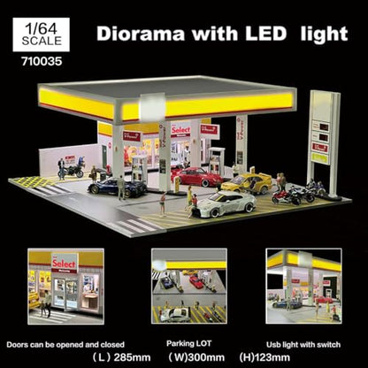1/64 Scale Shell Gas Station Diorama Kit, Miniature Building Scene Model Set, Collectible Desk Decor for Home & Office (No Vehicles or Figures)
