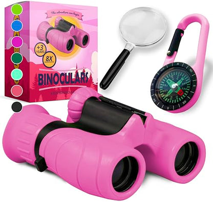 Binoculars for Kids – Perfect Toy for Little Boys and Girls – Extensive Set Incl. Magnifying Glass & Compass – Powerful Magnification 8X21 – 3 to 12 Year Old Kids for Toddler - color: Pink