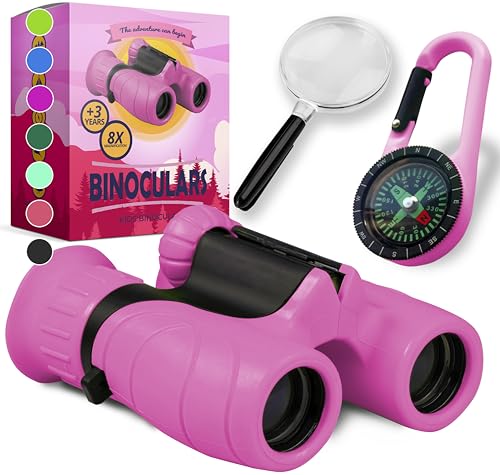 Binoculars for Kids – Perfect Toy for Little Boys and Girls – Extensive Set Incl. Magnifying Glass & Compass – Powerful Magnification 8X21 – 3 to 12 Year Old Kids for Toddler - color: Pink