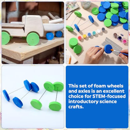 Blueweenly 100 Pcs Foam Wheels Set with 50 Metal Rods DIY Toy Wheel Model