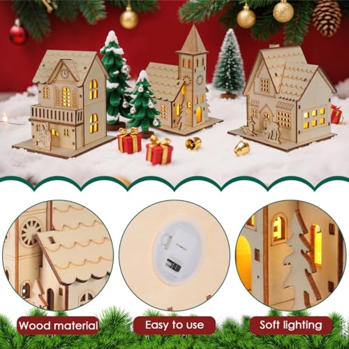 jojofuny 3pcs LED Light up Wooden Christmas House Village Decorations Unfinished Wood Xmas House DIY Wood Chalet Tree Ornaments Christmas Table Centerpieces