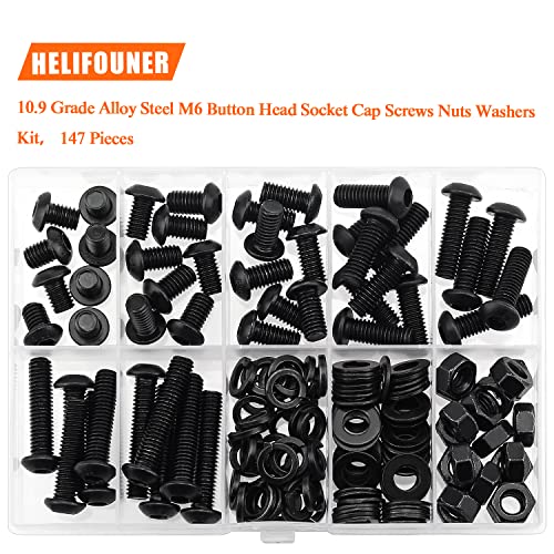 HELIFOUNER 147 Pieces M6 x 8mm /10mm /12mm /16mm /20mm /25mm /30mm, Button Head Socket Cap Screws Bolts Washers Nuts Kit, 10.9 Grade Alloy Steel, Full Threaded, Black - size: M6, style: Button Head