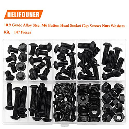 HELIFOUNER 147 Pieces M6 x 8mm /10mm /12mm /16mm /20mm /25mm /30mm, Button Head Socket Cap Screws Bolts Washers Nuts Kit, 10.9 Grade Alloy Steel, Full Threaded, Black - size: M6, style: Button Head