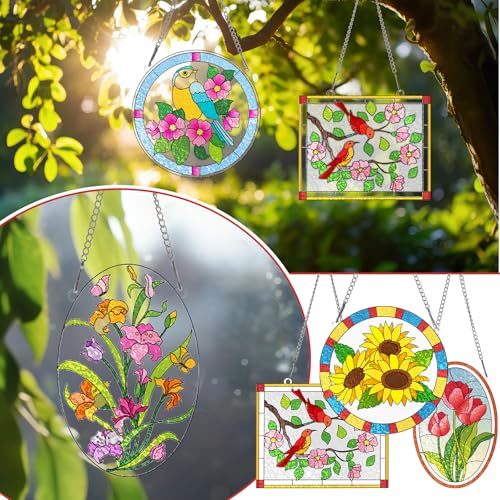 Humyoun 65 Pcs Stained Glass Painting Starter Kit for Adults DIY Window Paint Art Crafts Including 7 Colors 18 Suncatchers 18 Patterns 18 Chains and 4 Tool for Home Activities DIY Project Party
