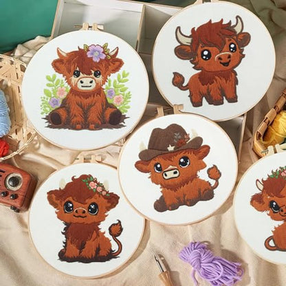 Kuabiz 5 Sets Highland Cow Embroidery Kits for Beginners Cross Stitch Kit for Adults Highland Cow Pattern Embroidery Starter Kit Embroiderys Hoop Needlepoint Kits with Instruction Needles Threads - style: Highland Cow