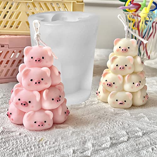 Piggy Christmas Tree Silicone Candle Mold, DIY 3D Piggy Tower Shape Mold, Stack Piggy for Candle Making Handmade Ornaments, Cute Animal Molds for Christmas Gift(2.8x2.36) - color: Piggy Christmas Tree 2.8"x2.36"
