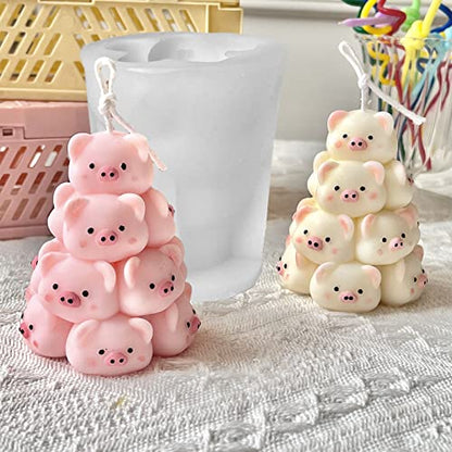 Piggy Christmas Tree Silicone Candle Mold, DIY 3D Piggy Tower Shape Mold, Stack Piggy for Candle Making Handmade Ornaments, Cute Animal Molds for Christmas Gift(2.8x2.36) - color: Piggy Christmas Tree 2.8"x2.36"