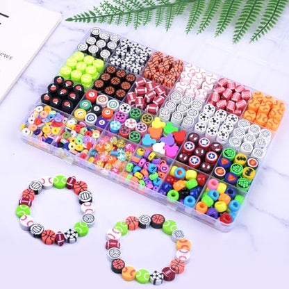 BBita 1000PCS Polymer Clay Beads Bracelet Making kit, 24 Style Cute Fun Beads Sports Ball Volleyball Softball Baseball Basketball Soccer Rugby Football Charms for Jewelry Making DIY for Women Girls - color: C1#Style 3