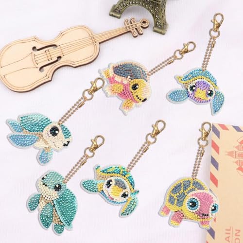 YUE ZHE 6 PCS Sea Turtle Diamond Art Kits for Adults Double Sided Diamond Art Keychains Animal DIY 5D Painting Keychains Kits for Adults Beginners DIY Crafts - color: Turtle