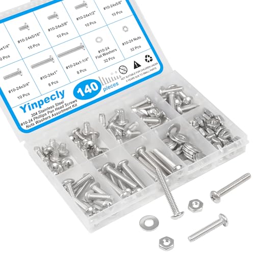 140pcs #10-24 Phillips Pan Head Machine Screws Nuts Washers Kit - size: #10-24