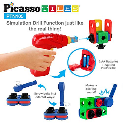 PicassoTiles STEM Learning Toys 105 Piece Building Block Set Kids Construction Engineering Kit Toy Blocks Children Early Education Playset w/IdeaBook, Power Drill, Clickable Ratchet, Age 3+ PTN105 - color: 105pcs Transformation
