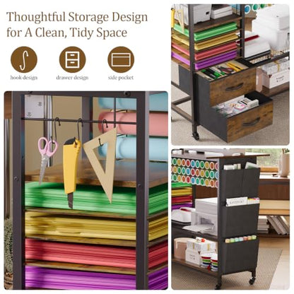 VENNQD Large Heat Press Table Stand, Rolling Heat Transfer Machine Desk Cart Drawers Compatible with Cricut Machines Vinyl Roll Holder DIY Organizer Crafting Table Workbench (Rustic Brown) - color: Rustic Brown