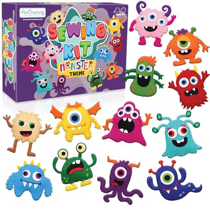 Monster Craft Sewing Kit for Kids - Sewing Craft Kit with 12 Monster Characters, 6 Child-Friendly Needles, 7 Thread Bundles, 1 Bag of Stuffing, and Scissors - Sewing Craft Ages 5 6 7 8 9 10+